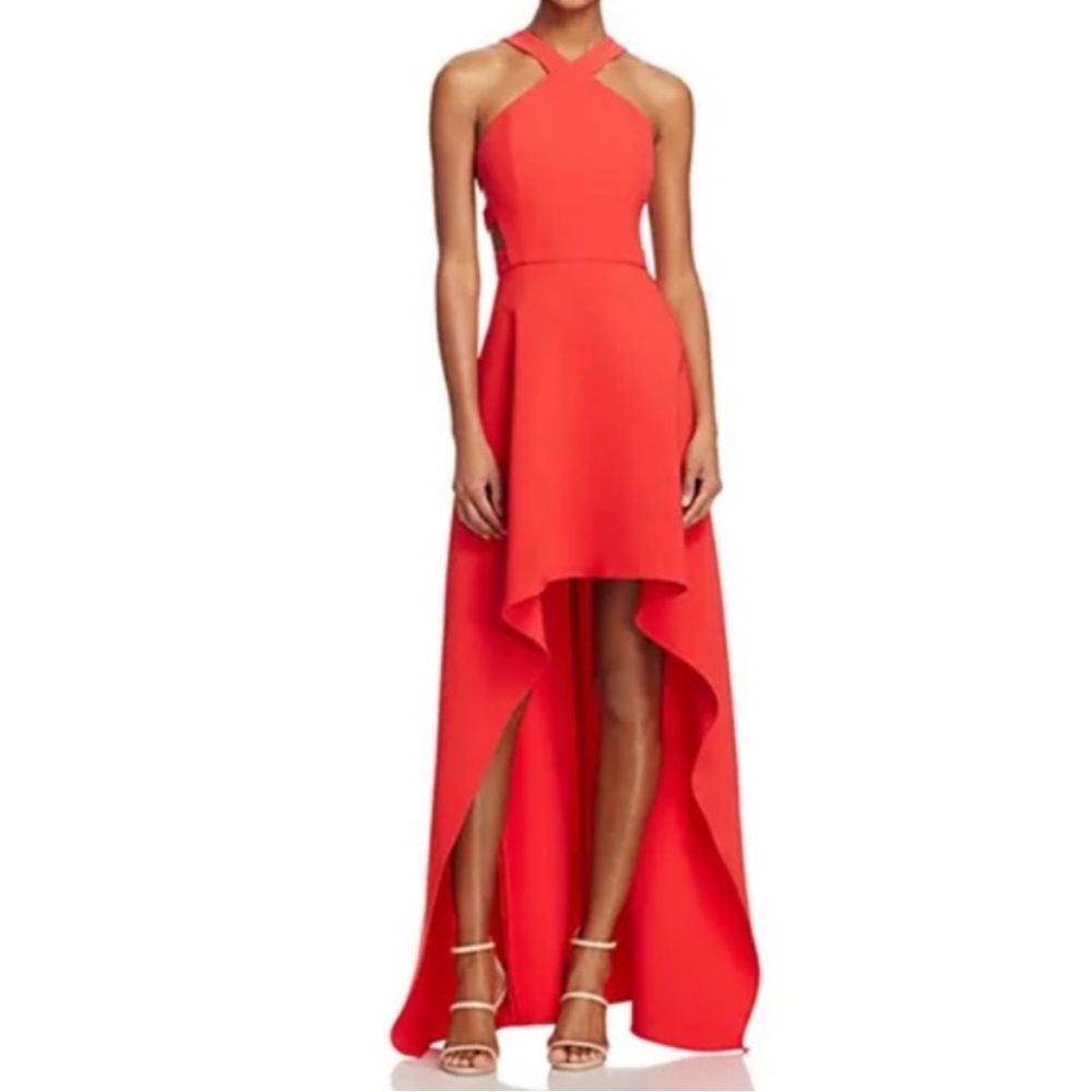 BCBGMaxAzria Red Asymmetrical Halter Gown